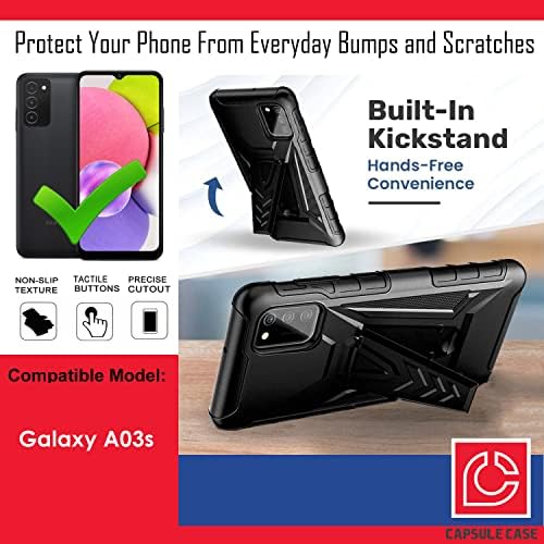 Калъф-капсула, която е Съвместима за Samsung Galaxy A03s [Ударопрочная Сверхпрочная Поставка Военни клас с клип за колан, Калъф-Кобур Черен цвят] Череп