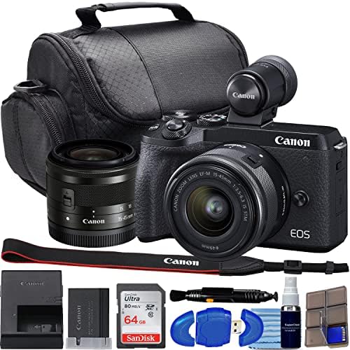 Фотоапарат EOS M6 Mark II Беззеркальная камера с обектив 15-45 мм и EVF (черна) с 64 GB памет, Мека чанта за носене, високоскоростен kartrider и много други (от 18 теми)