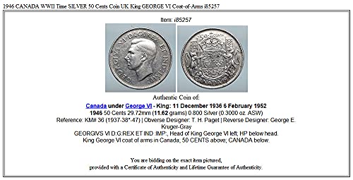 1946 КАЛИФОРНИЯ 1946 КАНАДА Времето на Втората световна война, една СРЕБЪРНА Монета От 50 Цента Великобритания Родово