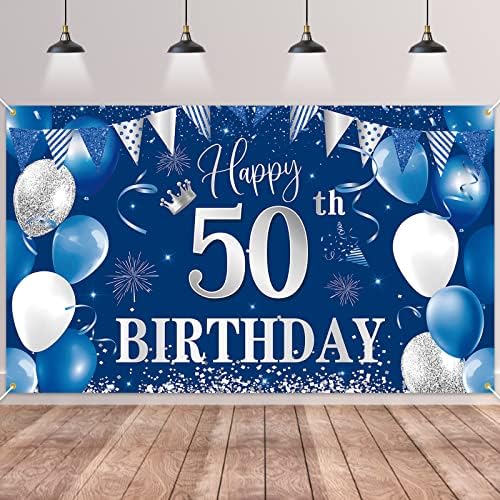 на фона на банер на 50-ия ден от раждането, BTZO Happy 50th Birthday Decorations, Синьо, Сребристо Текстилен Фон за снимки