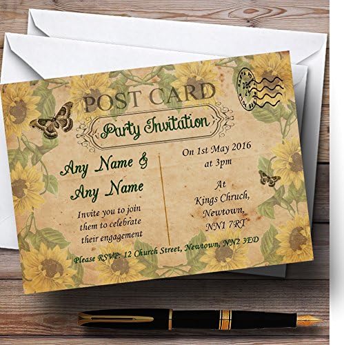 Реколта пощенска Картичка в стил Шебби-шик със слънчогледи, Персонални покани на парти по повод ангажименти.