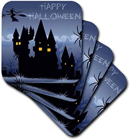 3dRose CST_153155_2 Син Къща с духове на Хелоуин с Летящи Вещици и Надпис Happy Halloween Меки подложки, Комплект от 8