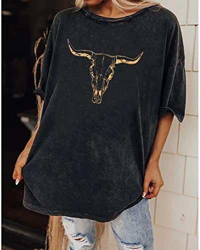 IZYJOY Женска Риза в стил Бохо с Краве Черепа, Реколта Тениска с изображение на Родео в западен стил, Къс Ръкав, Бичи