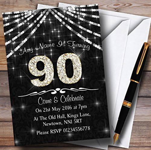 Персонални Покани на парти по случай рождения Ден на 90Th Charcoal Grey & White Bling Sparkle