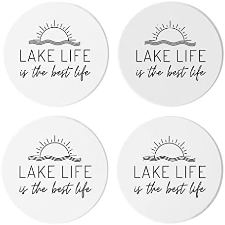 Lake Simple Life, Joyride Home Décor 4 Керамични подложки, 4-инчов кръгли поставки за напитки, комплект от 4 парчета, нескользящая corkboard делото, защитава повърхността, изразява вашия