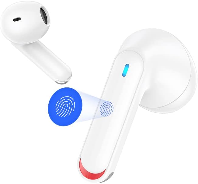 Безжични слушалки Bluetooth 5.2 Bluetooth Слушалки Спортни слушалки с шумопотискане с зарядно калъф и Bluetooth слушалки в ушите 28 часа възпроизвеждане (бял)