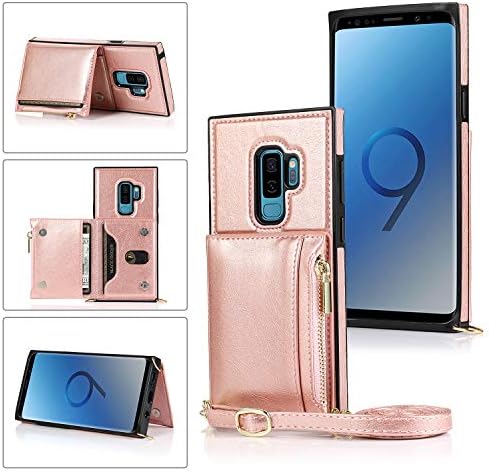 Калъф UEEBAI за Samsung Galaxy S9, калъф-чанта от изкуствена кожа с цип джоб с отделения за карти, лента за през рамо,