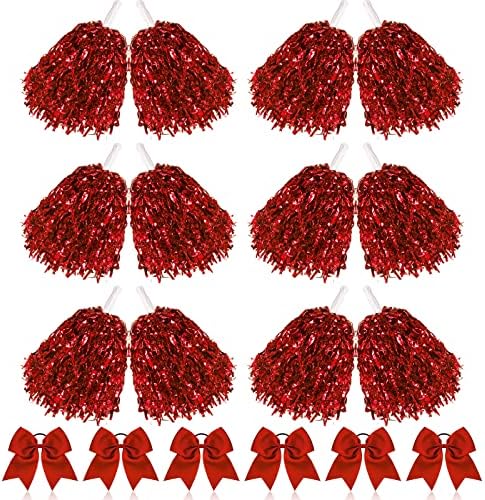 Canlierr 12 бр. Помпоны за Черлидинга от Метално Фолио Пластмасови Помпоны с дръжка за Палки Помпоны за Екипа по поддръжката с 6 бр. Лъкове Титуляр за коса във формата на ?