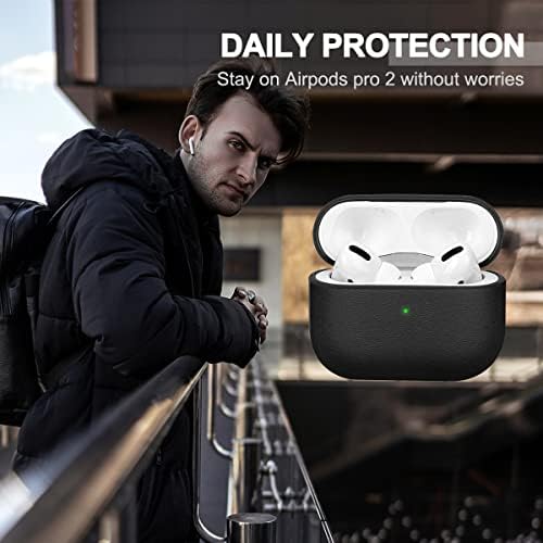 Актуализиран калъф Airpods Pro, Защитен калъф с текстура на кожата, за общо корпуса Apple Airpods Pro, безжично зареждане и видими led отпред (2022_Matte Black)