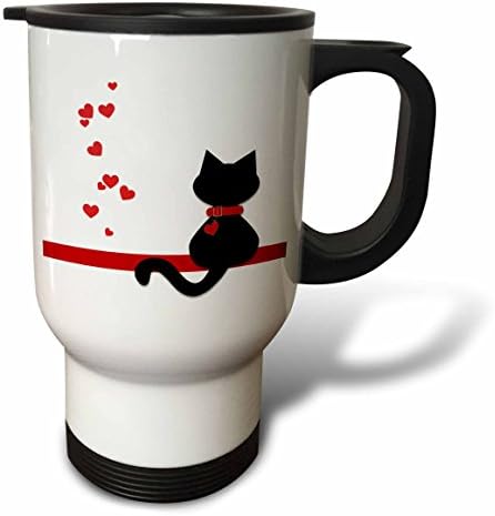 3dRose Пътна чаша Пет Влюбените Red Hearts Черна Котка Коте, 14 грама, Многоцветен