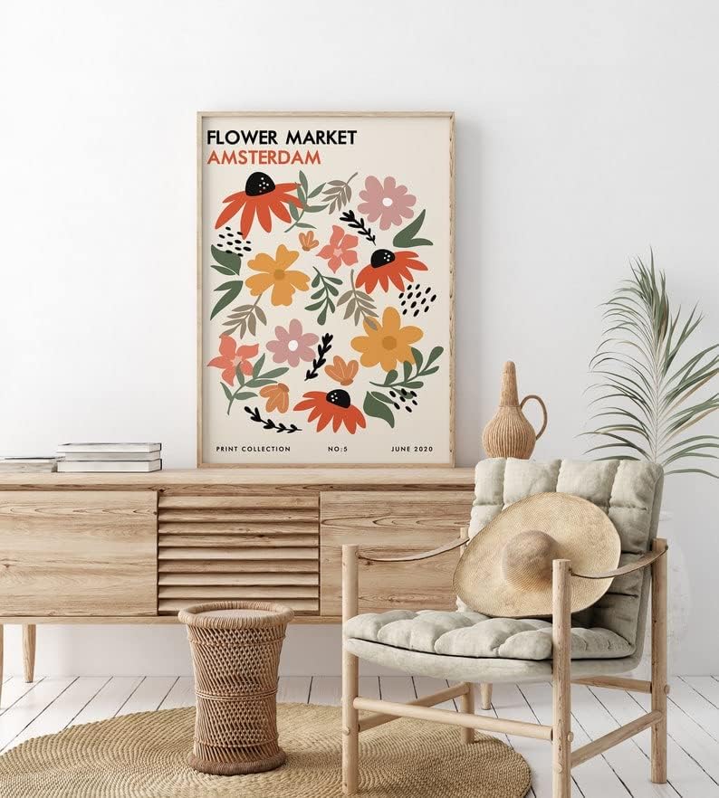 Стенен интериор в стил Хесендот с ботаническата модел, Комплект от 3 теми с принтом цветния пазар, Стенен декор с цветя,