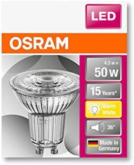 Led, показващи лампа OSRAM /Цокъл: GU10/ Топло бял/2700 K/3,60 W/ Уплътнител за отразяващ лампа с мощност 50 W/LED Star PAR16 [Клас на енергийна ефективност A +] / Опаковки от 10