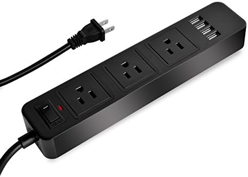 Мрежов филтър Power Strip Стенни Изход 2 Клипса с 3 Розетки и 4 USB порта за Зареждане на удължителен кабел с дължина 6,6 Фута за смартфони, Таблети, Офис (Черен)