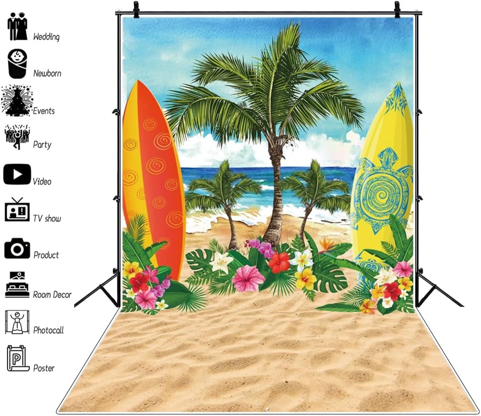 Летен Плаж на Фона на Тропически Бряг на Морето, Пясъчен Плаж с Кокосови Палми Дъска За сърф Фон С Цветен Модел Синьо Небе, Бели Облаци Фон за снимки 5x7ft (150x220 см) Luau Пъ