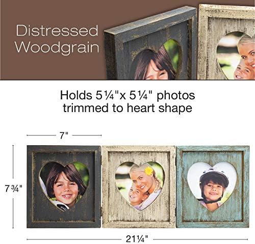 ПРОДУКТИ EXCELLO GLOBAL - Фотоколлаж във формата на сърце в селски стил: побира 3 снимки, флип-надолу контур, Изтъркан шик, потертое дърво, за плот или стенен дисплей. Побира