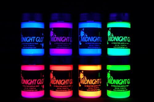 UV-Боя Midnight Glo Акрилна Черна Светоотражающая Ярки Неонови Цветове, Определени от 8 Бутилки по 2 унции чудесно за