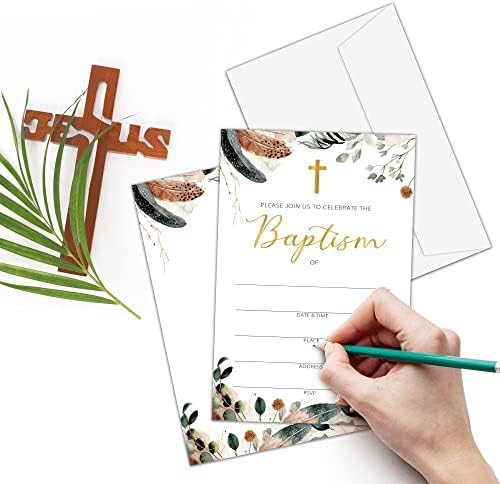 Покани за Кръщене в стил Бохо с цветя в пликове - Покани за Честване на религиозна церемония на Кръщението Акварел –