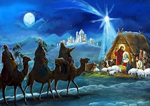Плат BELECO 10x8 фута, на Фона на Коледната сцена, Звезди Коледната нощ, Светото Семейство и Три крал, Изоставен замък, Къща, Ясла, Раждането на Исус, на Фона на Коледна Дек