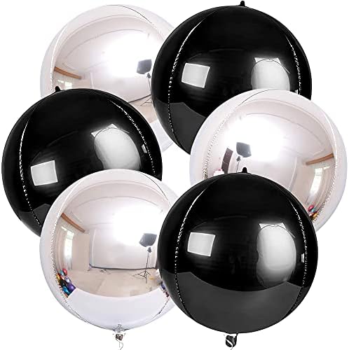 Черен и Сребрист Комплект украси за партита - Опаковка от 6 Кръгли 4D цветни и черни балони на 360 градуса, 22 инча,