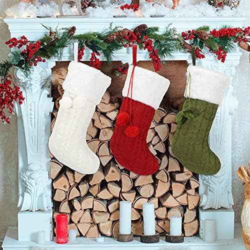 Комплект коледни чорапи Qpout, 3 бр, Персонални Коледни Чорапи, плетени калъф за Вълна (червени, зелени, бели), Коледна Украса, Чорапи, Голям Коледен Чорап, Окачени Чорап