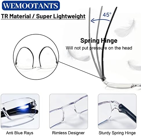 WEMOOTANTS 4 Опаковки Сини Екранировка Очила за четене на Мъжки Дамски Очила за четене без рамки 2,0 Антибликовый Филтър Лека Прозрачна Дограма (черен)