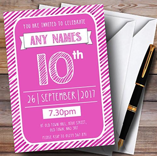 Пощенска картичка Zoo Pink & White Stripy Deco 10th Персонални Покани на парти в чест на рождения Ден