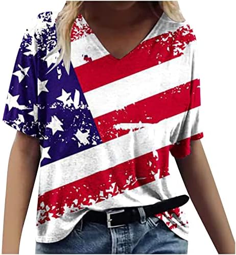 Дамски Блузи на Ден на Независимостта, Реколта Тениска на 4 юли С V-образно деколте и Къс ръкав, Летни Тениски С Принтом