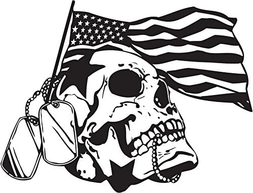 Черно-Бял Американски Флаг с Череп Войник и Жетони за Кучета Vinyl Стикер (ширина 4 инча)