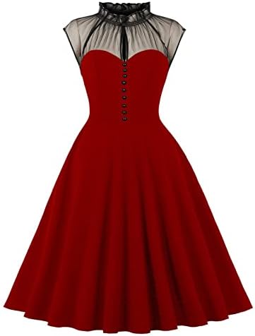HCJKDU Женски Винтажное рокля на 50-те години С имитация на врата Без Ръкави, Вечерни Рокли Моди За Бала, Струящиеся