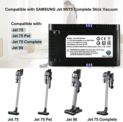 Разменени на батерията капацитет 3,5 А за Samsung Jet 90/75, съвместим с Samsung Jet 90/Jet 75 Пет/Jet 75 Complete Cordless Stick Vacuum, разменени батерия VCA-SBT90/XAA 21,6 В