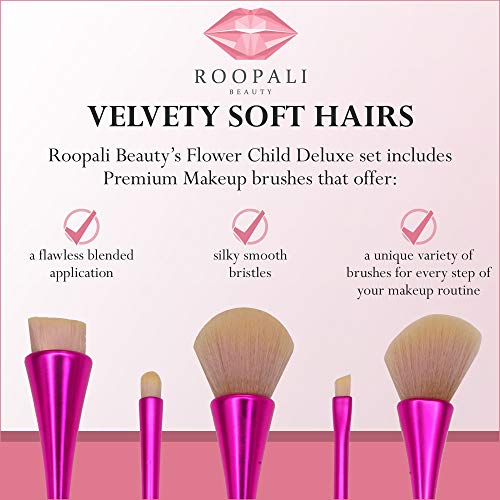 Професионален комплект четки за грим; 6 БР. Flower Child DELUXE от Roopali Beauty – Мек силиконов апликатор с заострением И 5 веганских найлонови четки - Съвместим с течност, крем ил