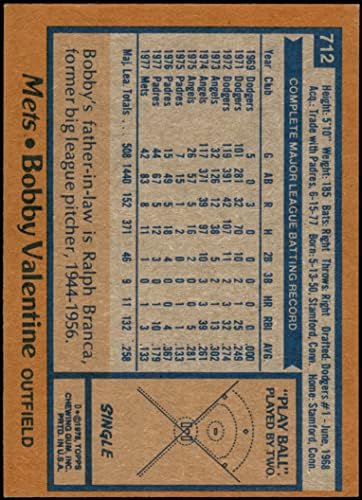 1978 Topps 712 Боби свети валентин в Ню Йорк Метс (Бейзболна картичка) БИВШ Метс