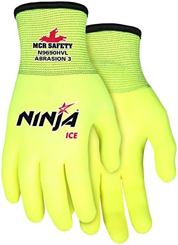 Двуслойни ръкавици MCR Safety N9690HVL Ninja Лед с найлон подплата повишена видимост с покритие ръчни транспалетни колички, Големи (опаковка от 12 броя), лимон-жълт цвят