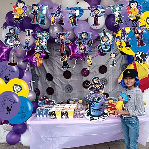 Аксесоари за парти по случай рождения Ден на YACANNA Коралайн, Украса за парти по случай рождения ден на тема Коралина, Включват Банер с пълнеж за кифли, 18 балони и кора?