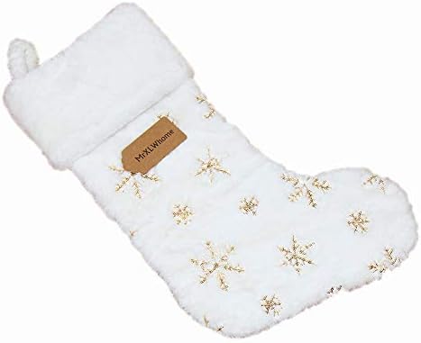 MrXLWhome Коледни Чорапи, 18 инча Бял плюш със Златен сияещ със Сняг, Класически Големи Чулочные Украса за коледните празници, Бели Чорапи
