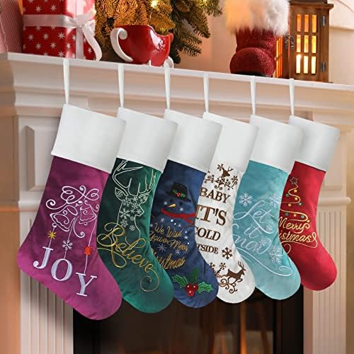 Senneny Опаковка от 6 Луксозни Кадифени Коледни Чорапи, Качествени Коледни Чорапи с Бродирани Шарките Голям размер, Класически