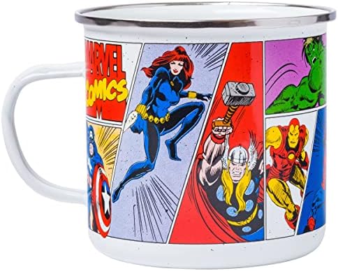 Кафеена Чаша за къмпинг Silver Buffalo в ретро стил, с участието на Отмъстителите на Marvel Comics Camper с участието на Капитан Америка, Хълк, Тор, на Човека-паяк, Черна Вдовица и Же
