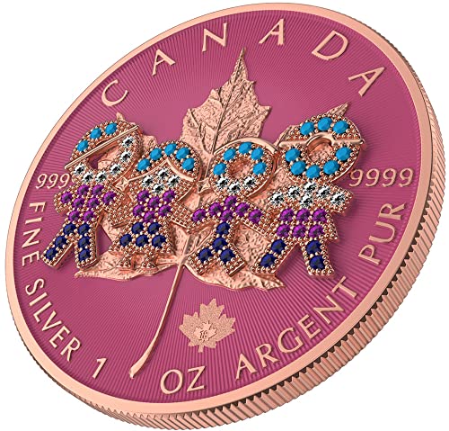 2021 Украсени със Скъпоценни камъни Кленов лист PowerCoin Big Family от Розово Злато Сребърна монета 1 Унция 5 $ Канада