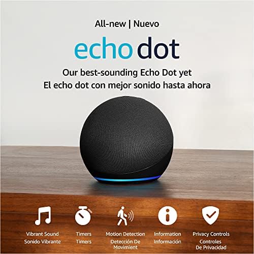 Чисто нов Echo Dot (5-то поколение, випуск 2022 година) | Международна версия с адаптер за захранване на САЩ | Интелигентен говорител с Alexa | въглен