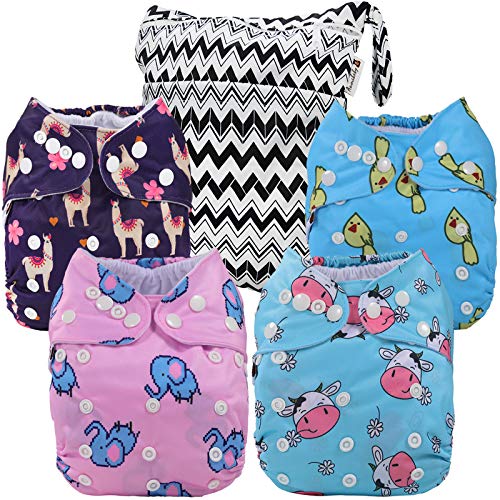 Anmababy 4 опаковки Непромокаеми пере филтър пелени с джобове за контролирано размер от 4 вложки и мокра торба за малки момичета.(Броя на cd4-002)