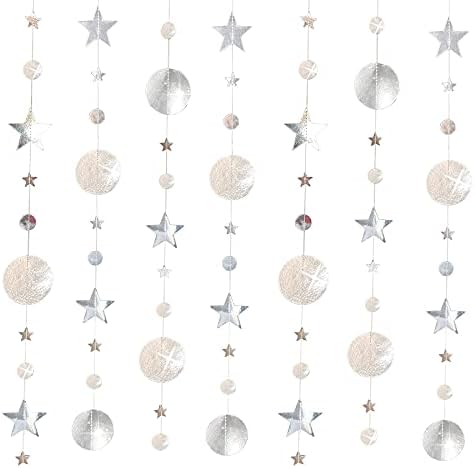 3 Опаковки Сребърни Бижута Вечерни Луната Звезда Венец Рамадан Окачени Звезди Кръг Сияние Банер Фон, Фон за Сватба, Рожден Ден, Коледа, Нова Година, ПРАЗНИК, Абитури?