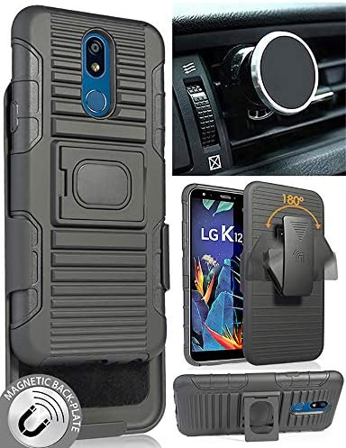 Nakedcellphone Черно Здрав калъф [с поставка за захващане на пръсти] + [Кобур с клипс за колан] + [Магнитен Кола] за LG K40 | LG Solo | LG K12 Plus | LG X4 (2019)