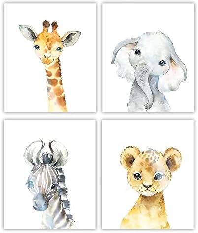 Дизайн на компанията Maria Inc. Комплект от 4 Акварельных рисунки на животни БЕЗ рамка | Декор на детска на тема джунглата | Снимки на животните За детска стая | Снимки на
