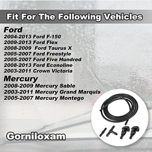 Комплект дюзи за миене на предното стъкло Gorniloxam, 5 бр., замяна за Ford F150 2004-2013, замества OE: 3W7Z17603AA (2 бр. дюзи за миене, 2 м маркуч за подаване на течност, 2 бр. конектори)