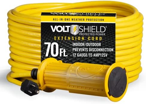 Удължител VoltShield 70 фута 12/3 SJTW за защита от атмосферни въздействия, устойчив към въздействието на вода, атмосферни влияния и the kinks, огнезащитни, жълто, щепсел със зазе
