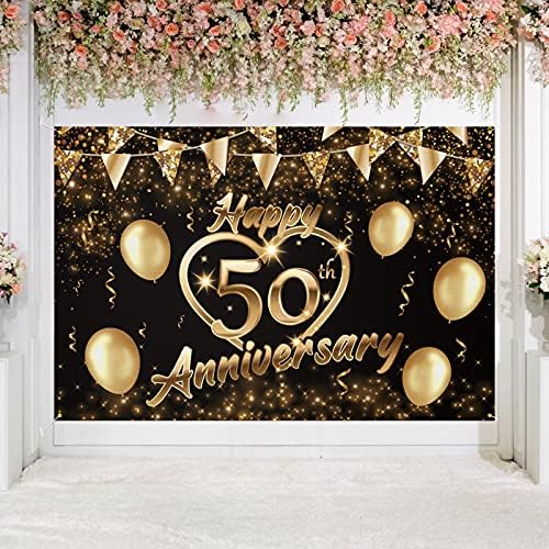 Честит Фон с 50–Годишнината, Банер, Декор, Черно Злато, Блестящо Сърцето си за Любовта, Лъки 50-та Годишнина от Сватба,