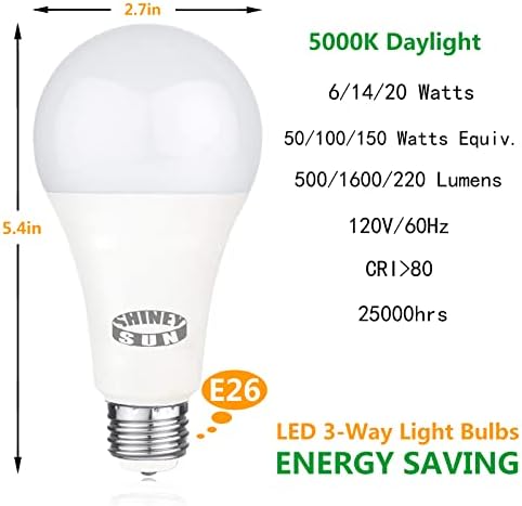 3-лентови led лампа Sunshiney A21, 4 комплекта, 6/14/20 W (Еквивалентна мощност на крушка с нажежаема жичка 50/100/150 W), дневна светлина 500/1600/2200 LM - ОТ 5000 ДО