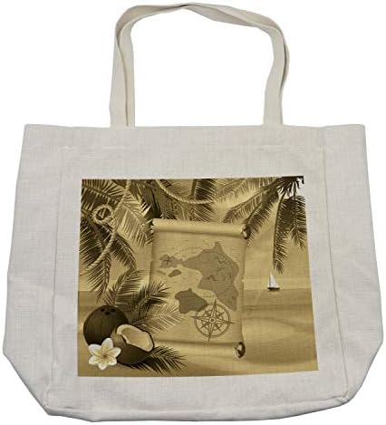 Чанта за пазаруване с карта на острова Амбезонн, Монохромен ретро-Карта на съкровищата на Тропически Пясъчен плаж с екзотични палми, Дългогодишна Чанта за Еднокра?