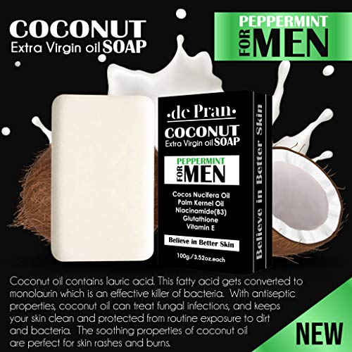 de Pran Skin | Кокосово масло първото пресоване и мента - Луксозен естествен сапун за лице и тяло за мъже-БЕЗ SLS, БЕЗ ПАРАБЕНИ, без насилие