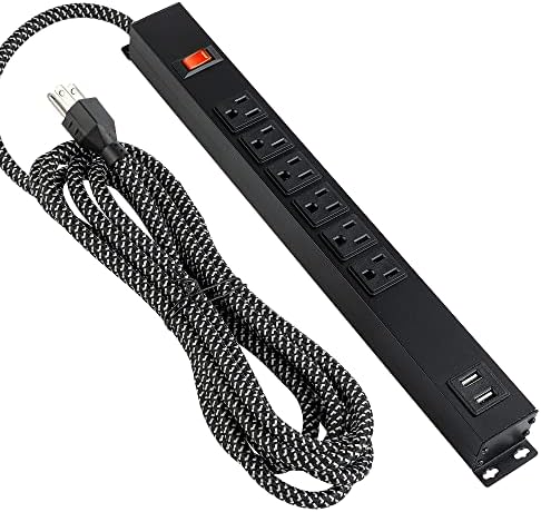 Монтируемый Мрежов филтър Power Strip с USB, 6 ел. Контакти, Удлинительный Кабел с дължина 6 Метра в Оплетке, Метална